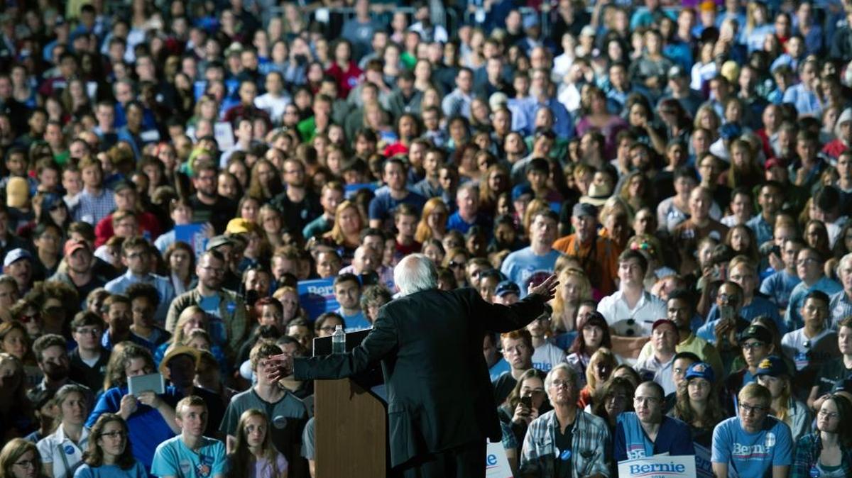 
Democratic presidential candidate Sen. Bernie Sanders, I-Vt. speaks to supporters during a campaign rally at Prince William Fairground in Manassas, Va., Monday, Sept. 14, 2015.
