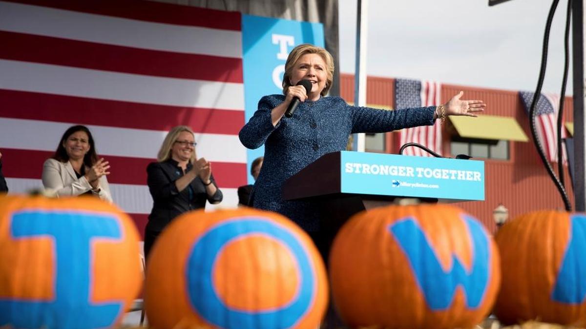 Democratic presidential candidate Hillary Clinton speaks at a campaign rally at NewBo City Market in Cedar Rapids, Iowa, Friday, Oct. 28, 2016.