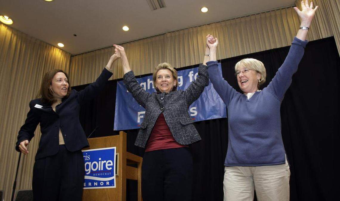 Gov. Chris Gregoire, center, cheers with Sen. Maria Cantwell, left, and Sen. Patty Murray at the end of a rally for supporters at the University of Washington Monday, Nov. 3, 2008, in Seattle.