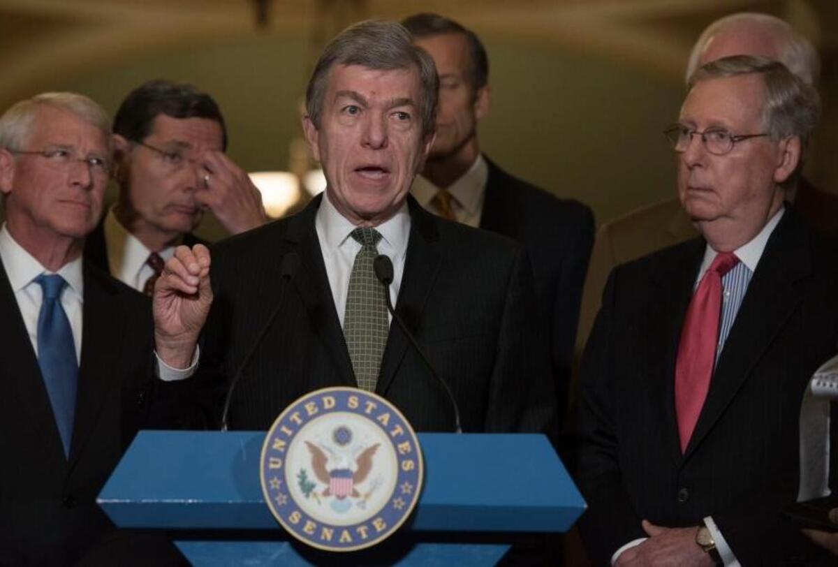 Sen. Roy Blunt, R-Mo., center, speaks to the media after the Republican policy luncheon on Capitol Hill in Washington, Tuesday, Dec. 6, 2016. From left are, Sen. Roger Wicker, R-Miss., Sen. John Barrasso, R-Wyo., Blunt, Sen. John Thune, R-S.D., Senate Majority Whip John Cornyn of Texas and Senate Majority Leader Mitch McConnell of Ky.