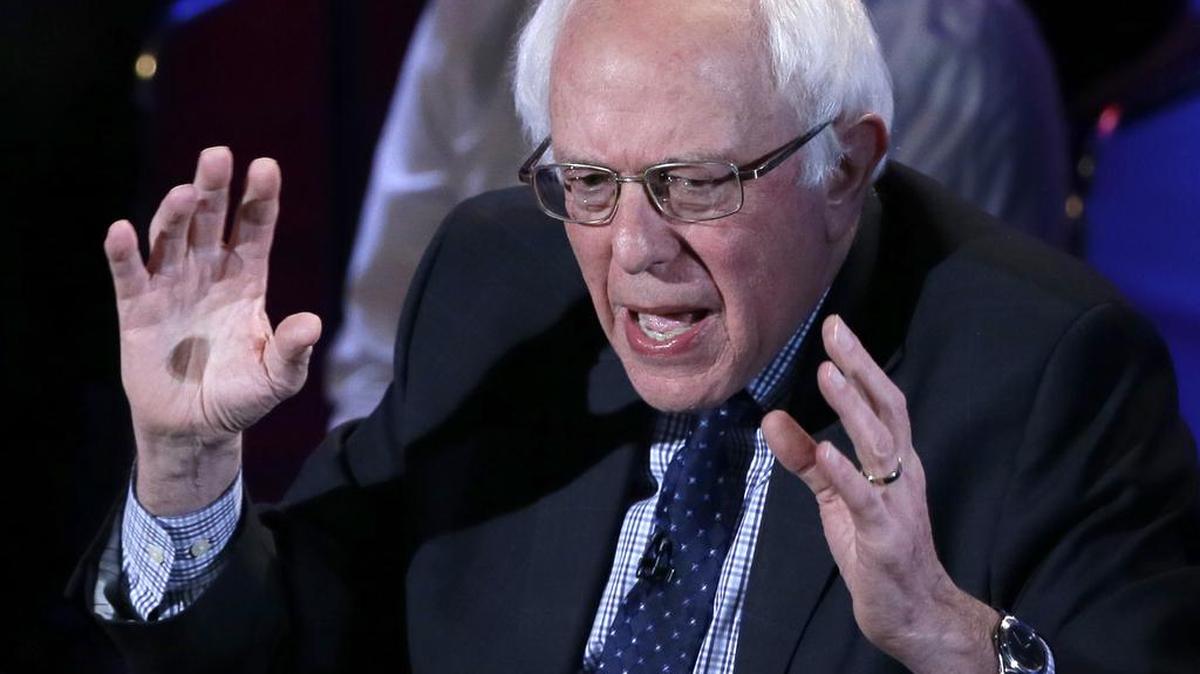Democratic presidential candidate, Sen. Bernie Sanders, I-Vt, argues a point during the Brown & Black Forum, Monday, Jan. 11, 2016, in Des Moines, Iowa.