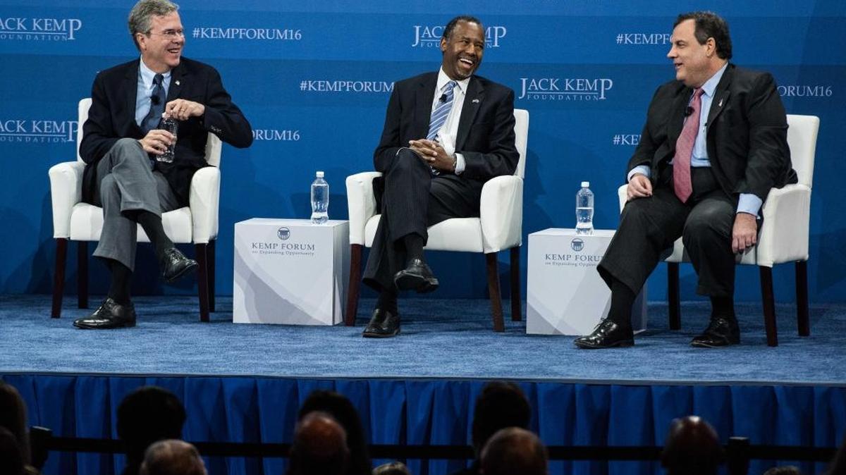 Republican presidential candidates, Jeb Bush, left, Ben Carson, center, and New Jersey Gov. Chris Christie, right, participate in the Kemp Forum in Columbia, S.C. They’ll return to the state Thursday to debate.