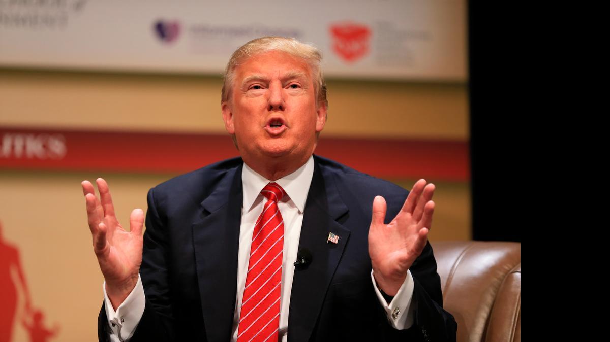
Republican presidential candidate, real estate mogul Donald Trump, speaks at the Family Leadership Summit in Ames, Iowa, Saturday.
