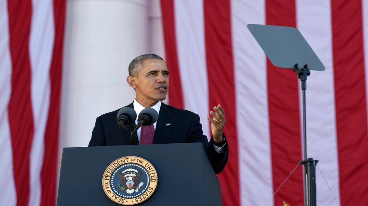 President Barack Obama speaks at the Memorial Amphitheater of Arlington National Cemetery in Arlington, Va., during Veterans Day ceremonies.
