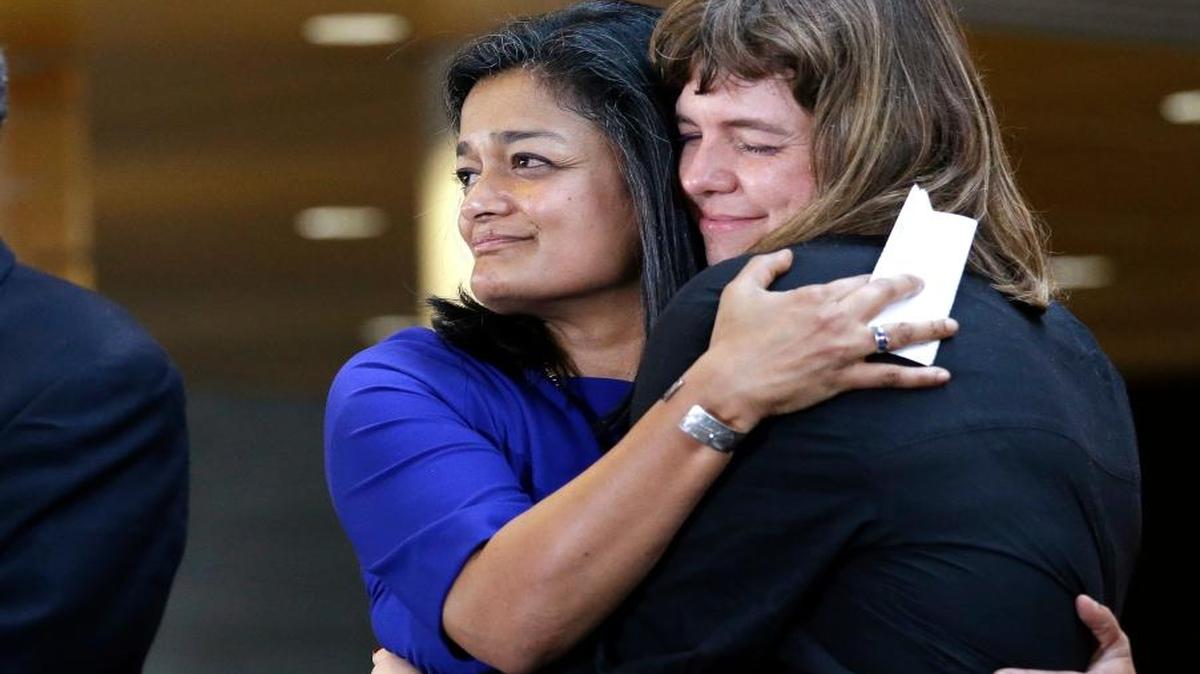 Washington state Rep.-elect Pramila Jayapal, left, the first Indian-American woman elected to the U.S. House of Representatives, embraces Nicole Grant, leader of the Seattle Labor Council, at a post-election event on Nov. 9, 2016, at City Hall in Seattle. The 51-year-old Seattle Democrat came to the United States from India when she was 16 and is prepared to do battle with President-elect Donald Trump over immigration.