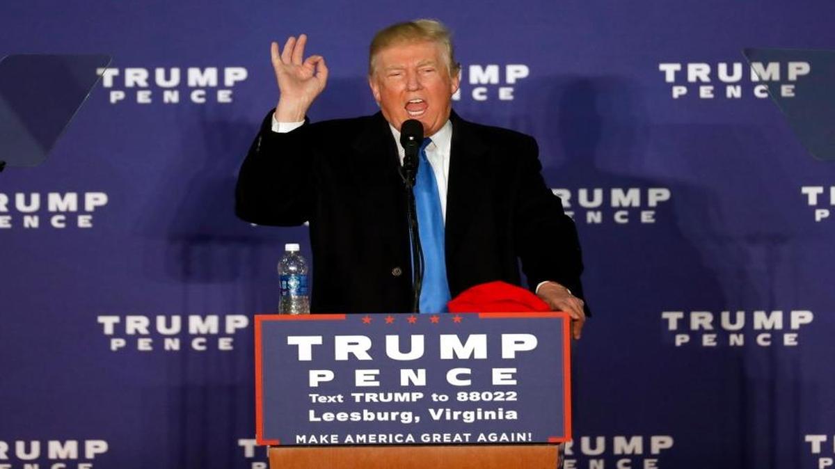 Republican presidential candidate Donald Trump speaks at a rally Monday, Nov. 7, 2016, in Leesburg, Va.