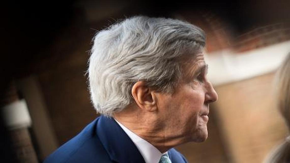 US Secretary of State John Kerry, arrives ahead talks on the situation in Syria, at Lancaster House in London, Sunday Oct. 16, 2016. Renewed international efforts to solve the conflict in Syria, heightened by the plight of people in the city of Aleppo, have made little progress but more talks are planned.