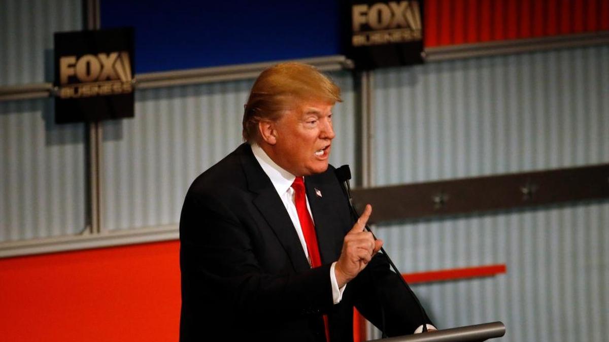 Donald Trump makes a point during the Republican presidential debate Tuesday.