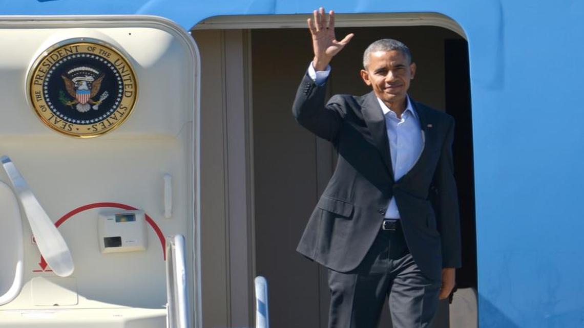 President Barack Obama waves as he arrives at Palm Springs, California, international airport aboard Air Force One on Friday, Feb. 12, 2016. The president will host a summit with leaders from the Association of Southeast Asian Nations at Sunnylands in Rancho Mirage.