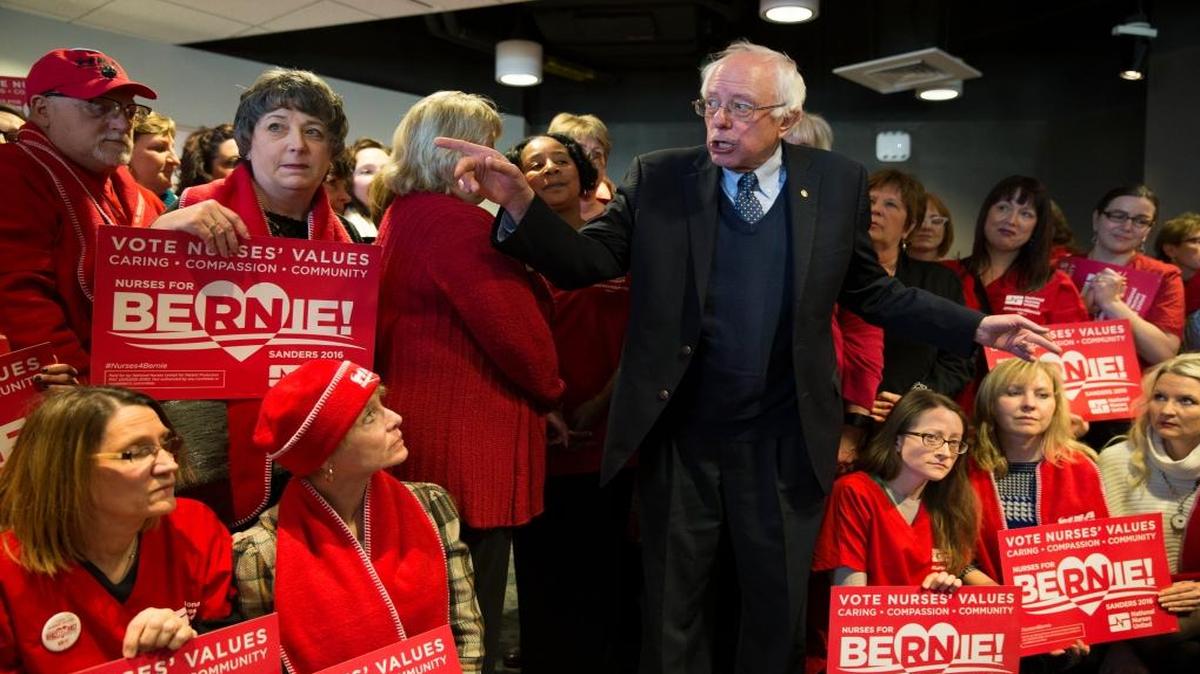 Democratic presidential candidate Sen. Bernie Sanders, A Vermont independent, speaks after stopping at a reception for the Minnesota Nurses Association at the Science Museum of Minnesota.