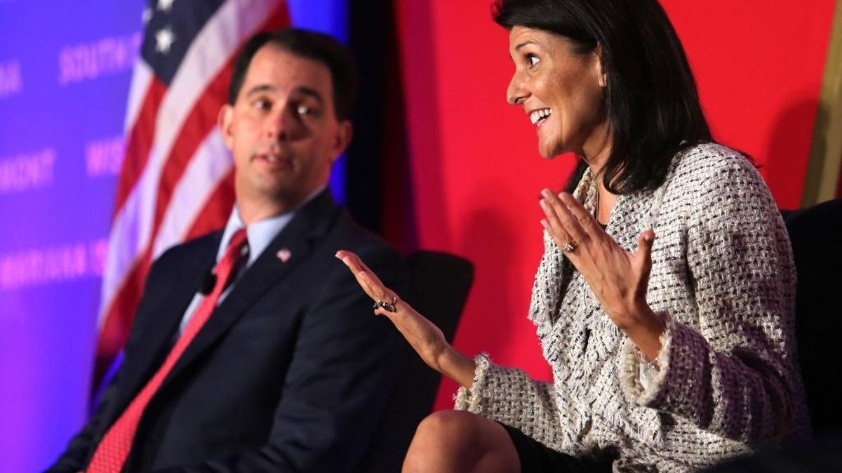 Gov. Nikki Haley of South Carolina with Gov. Scott Walker of Wisconsin during the Republican Governors Association Annual Conference on Tuesday, Nov. 15, 2016, in Orlando, Fla.