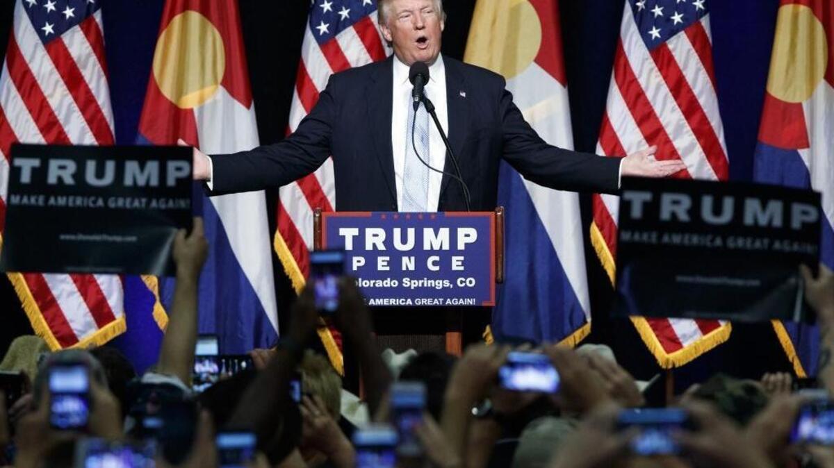 Republican presidential candidate Donald Trump speaks during a campaign rally in Colorado Springs, Colo., on July 29, 2016. His rhetoric throughout the campaign has prompted some tough questions for Muslim American moms and dads: ‘Will we have to move to Canada?’