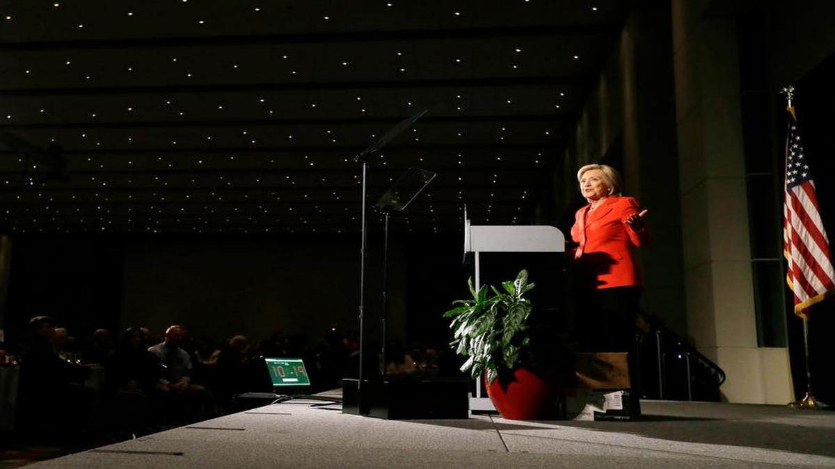 
Democratic presidential candidate Hillary Rodham Clinton speaks during the Iowa Democratic Party's Hall of Fame Dinner, Friday, July 17, 2015, in Cedar Rapids, Iowa. 
