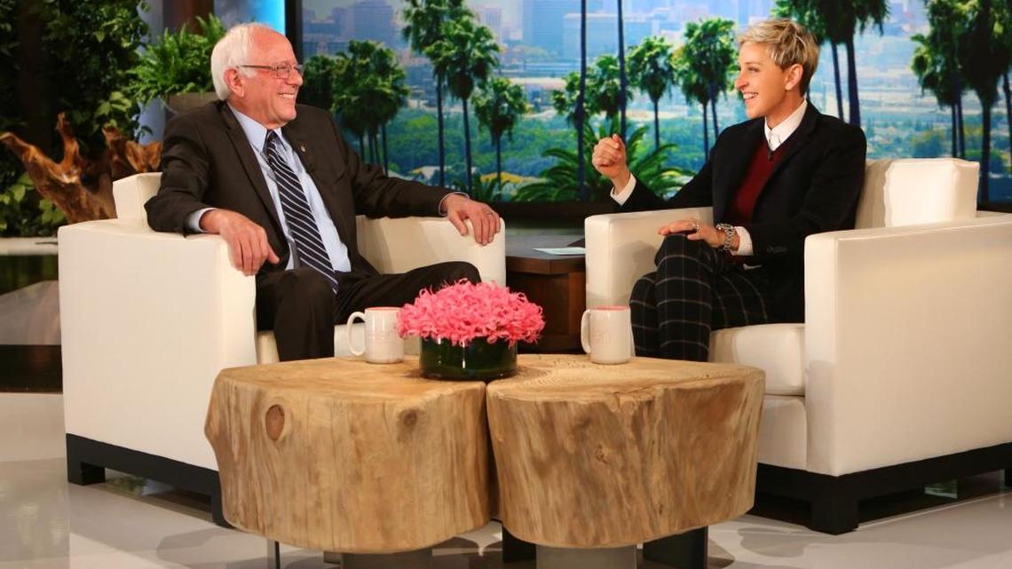 
In this photo released by Warner Bros., talk show host Ellen DeGeneres, right, speaks with Democratic presidential candidate Sen. Bernie Sanders, of Vermont, during a taping of "The Ellen DeGeneres Show”on Wednesday, Oct. 14, 2015 in Burbank, Calif. 
