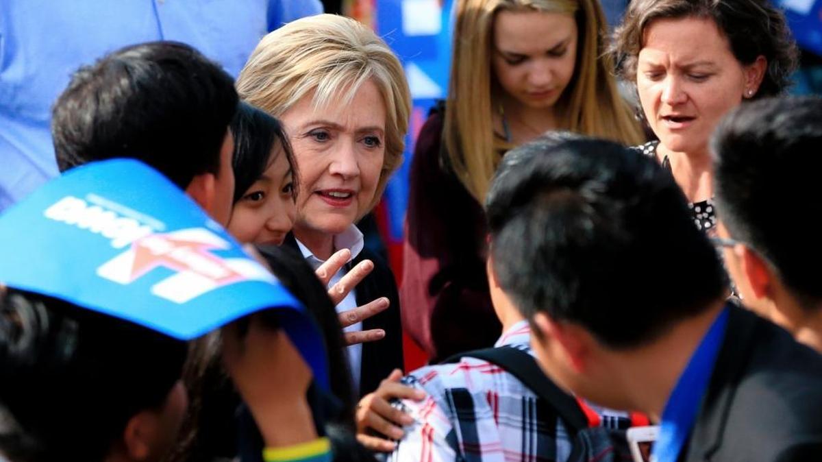 
Democratic presidential candidate Hillary Rodham Clinton speaks with members of the audience Wednesday, Oct. 7, 2015, during a campaign stop at the Westfair Amphitheater in Council Bluffs, Iowa. 
