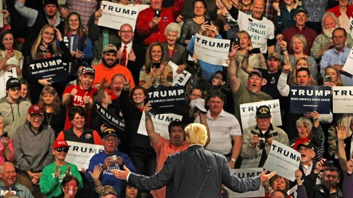 Republican presidential candidate Donald Trump speaks to a packed house inside the Sumter Civic Center on Wednesday.