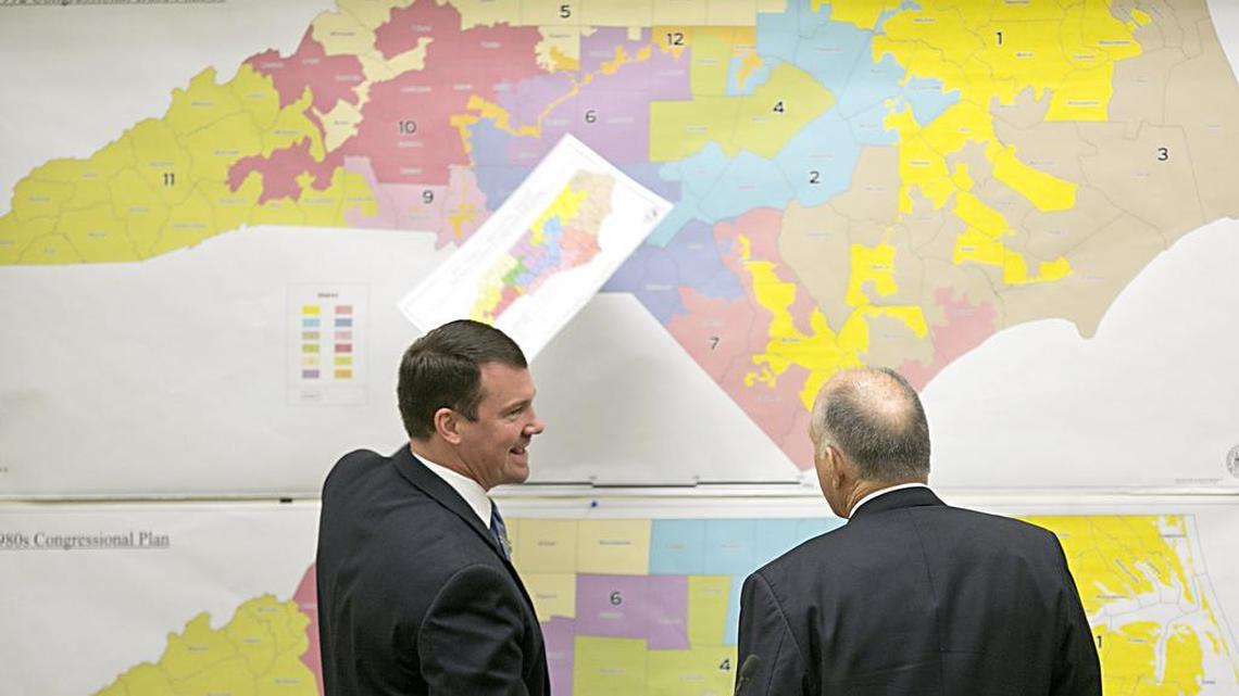 Senators Dan Soucek, left, and Brent Jackson, right, review historical maps during The Senate Redistricting Committee for the 2016 Extra Session in the Legislative Office Building at the N.C. General Assembly on Tuesday, February 16, 2016.