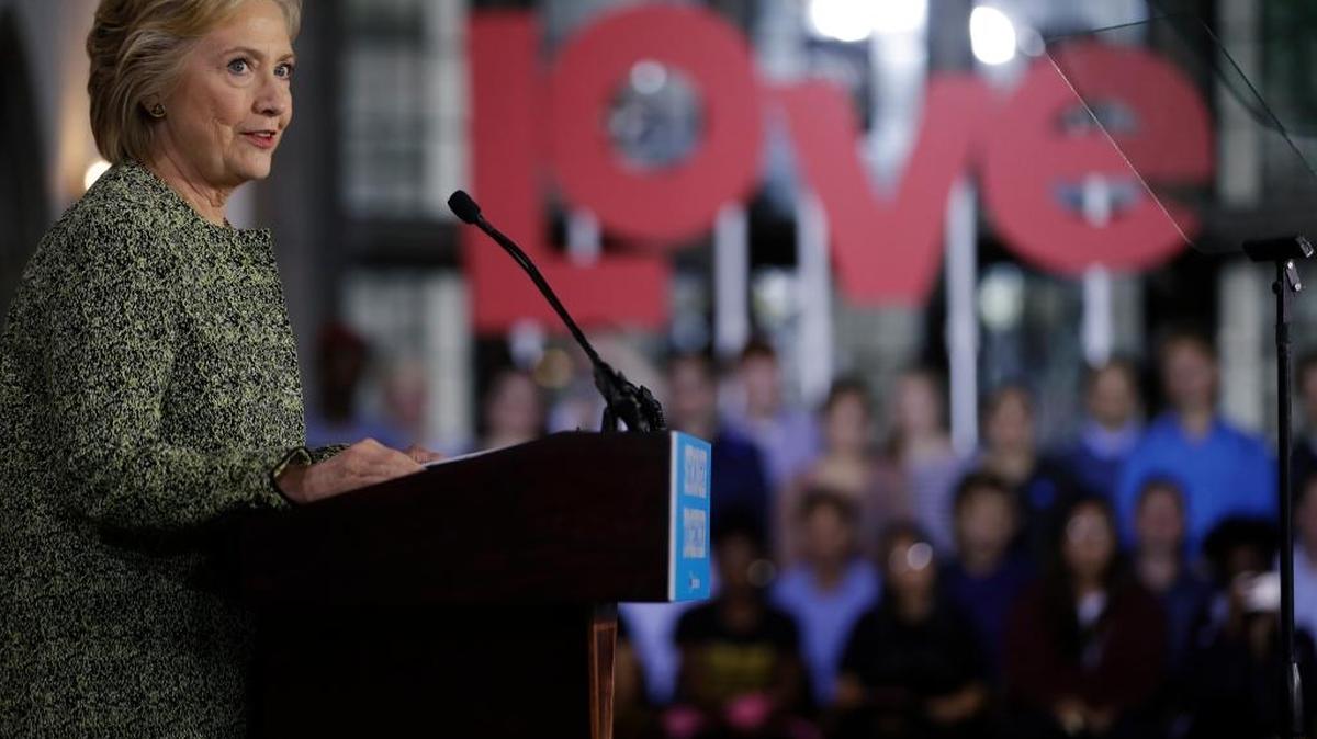 Democratic presidential candidate Hillary Clinton speaks during a campaign stop at Temple University in Philadelphia Monday.