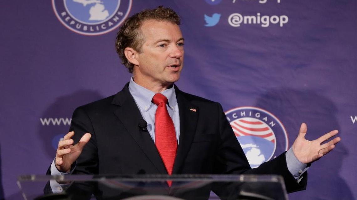 
Republican presidential candidate, Sen. Rand Paul, R-Ky., addresses the 2016 Mackinac Republican Leadership Conference, Saturday, Sept. 19, 2015, in Mackinac Island, Mich. 

