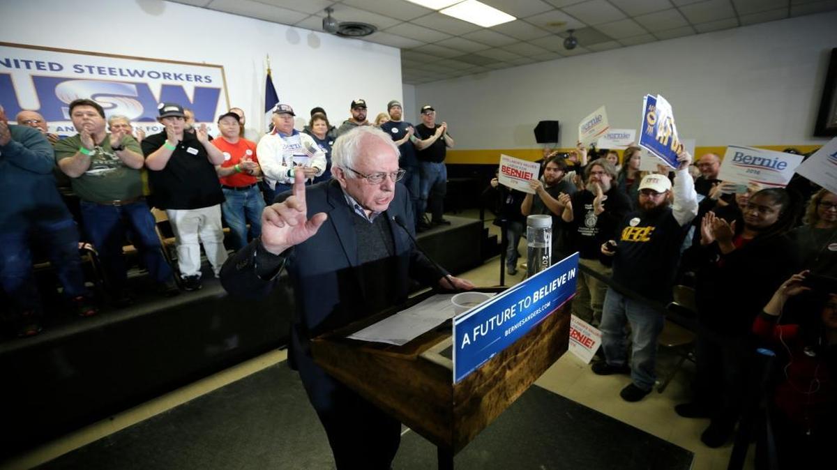 Democratic presidential candidate, Sen. Bernie Sanders, I-Vt., speaks during a stop at the United Steelworkers Local 310L union hall, Tuesday, Jan. 26, 2016, in Des Moines, Iowa.