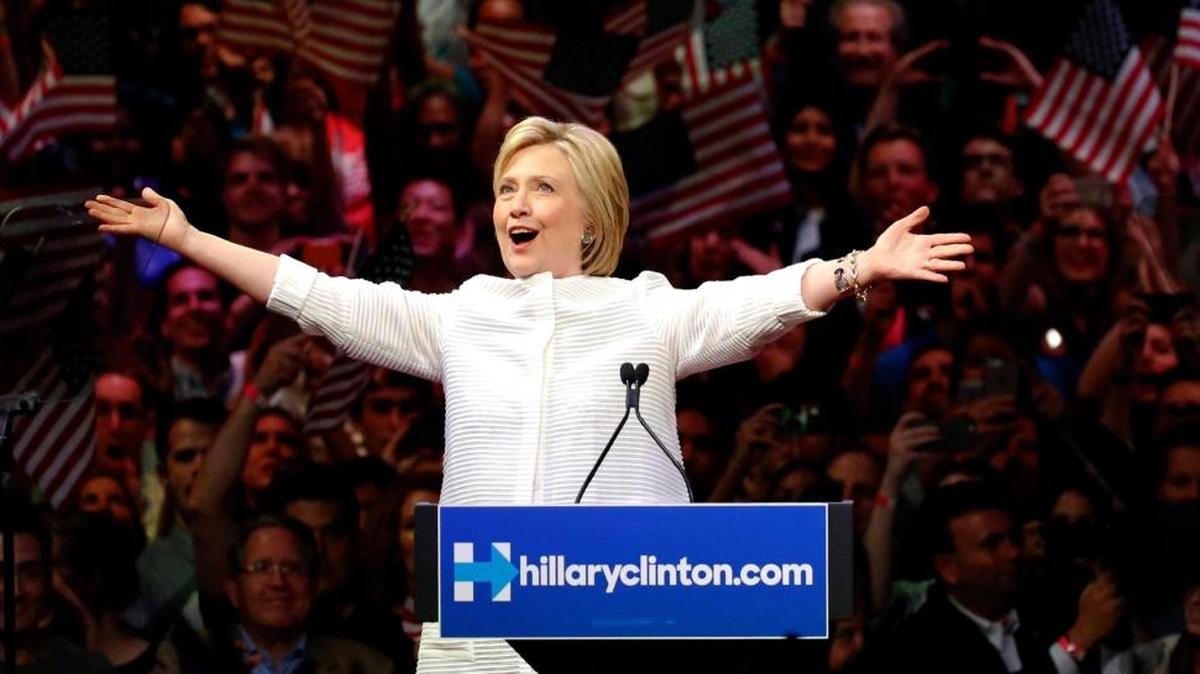 Democratic presidential candidate Hillary Clinton greets supporters during a presidential primary election night rally, Tuesday, June 7, 2016, in New York.
