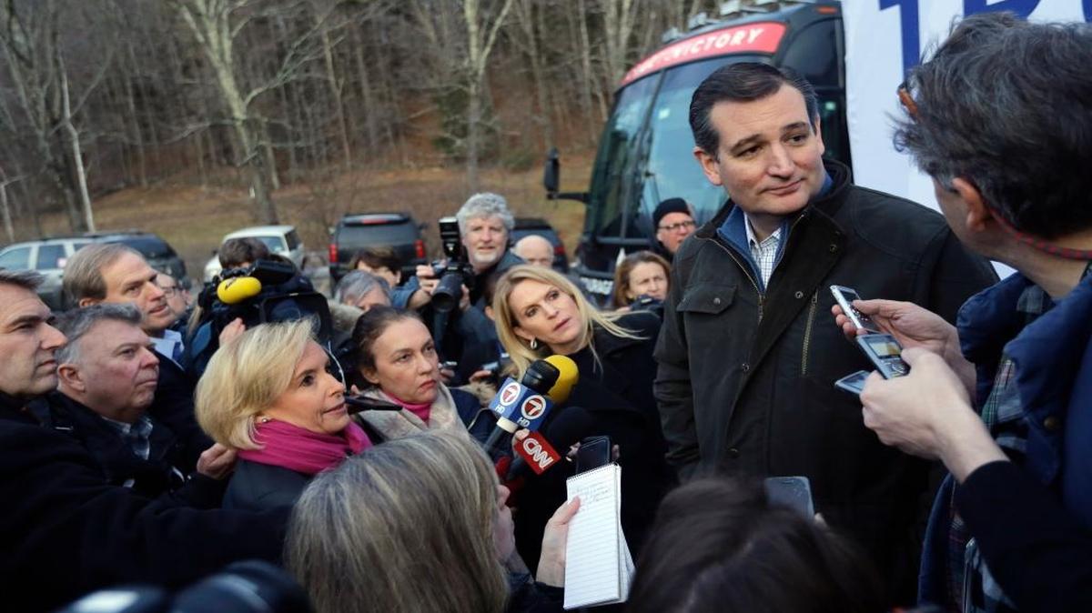 In this Feb. 3, 2016, photo, Sen. Ted Cruz, R-Texas, speaks to media in Weare, New Hampshire.