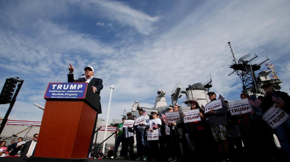 Republican presidential candidate Donald Trump speaks to supporters during a rally in Norfolk, Va.