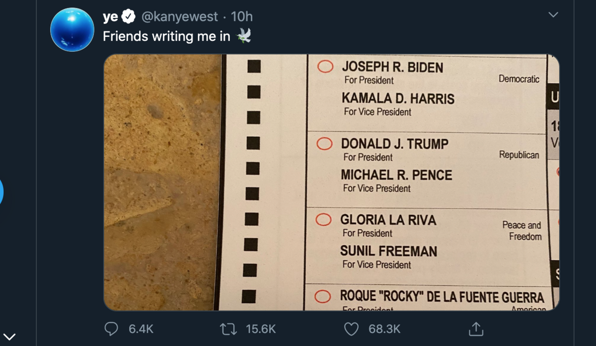 Rapper Kanye West tweeted that friends were writing his name in on their ballots for the general election.