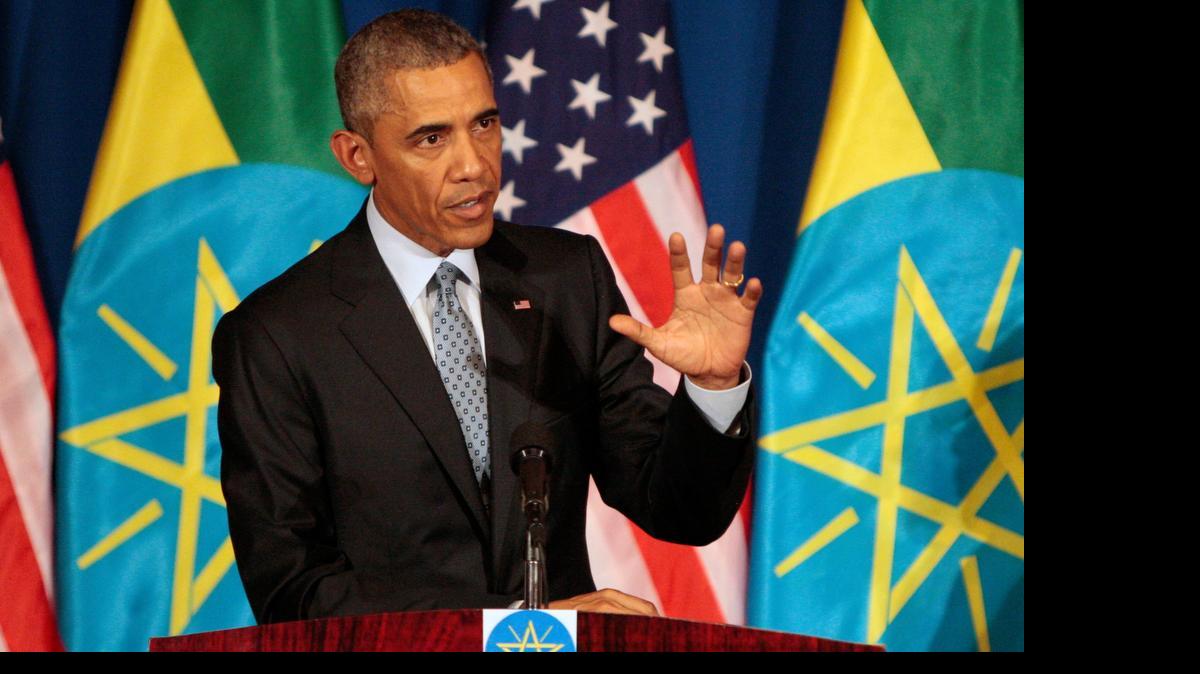 
President Barack Obama gestures during a joint press conference with Ethiopian prime minister Hailemariam Desalegn at the National Palace in Addis Ababa, Ethiopia, Monday. Obama had some tough talk about Republican presidential candidates.
