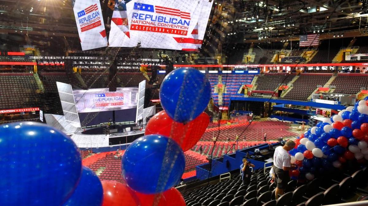 Workers install balloons in preparation for the Republican National Convention at Quicken Loans Arena, Friday, July 15, 2016, in Cleveland, Ohio.