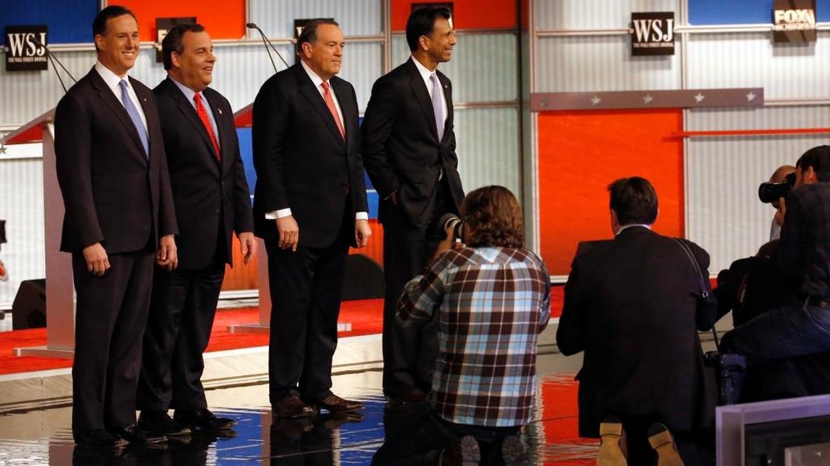 Republican presidential candidates Rick Santorum, Chris Christie, Mike Huckabee and Bobby Jindal get ready for this week’s debate.