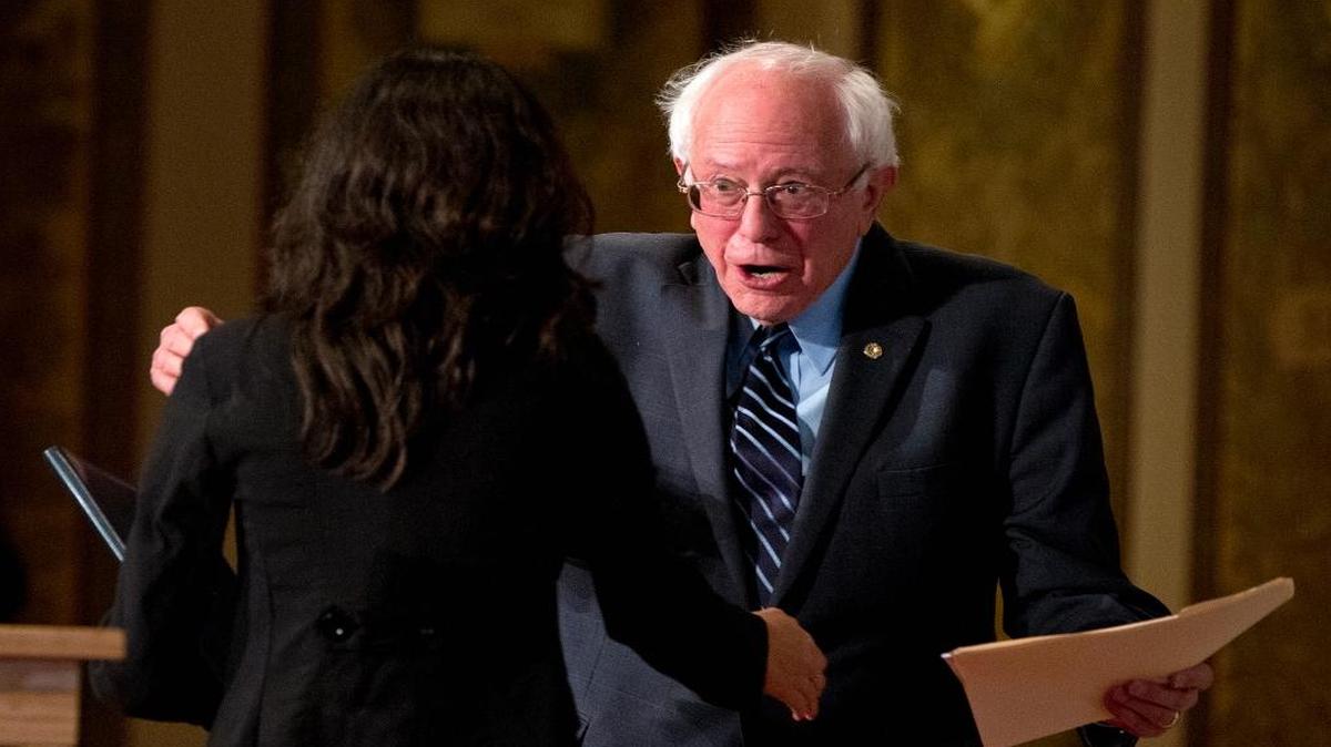 Democratic presidential candidate Sen. Bernie Sanders, I-Vt., greets student Shweta Wahal with the School of Foreign Service at Georgetown University in Washington, Thursday.