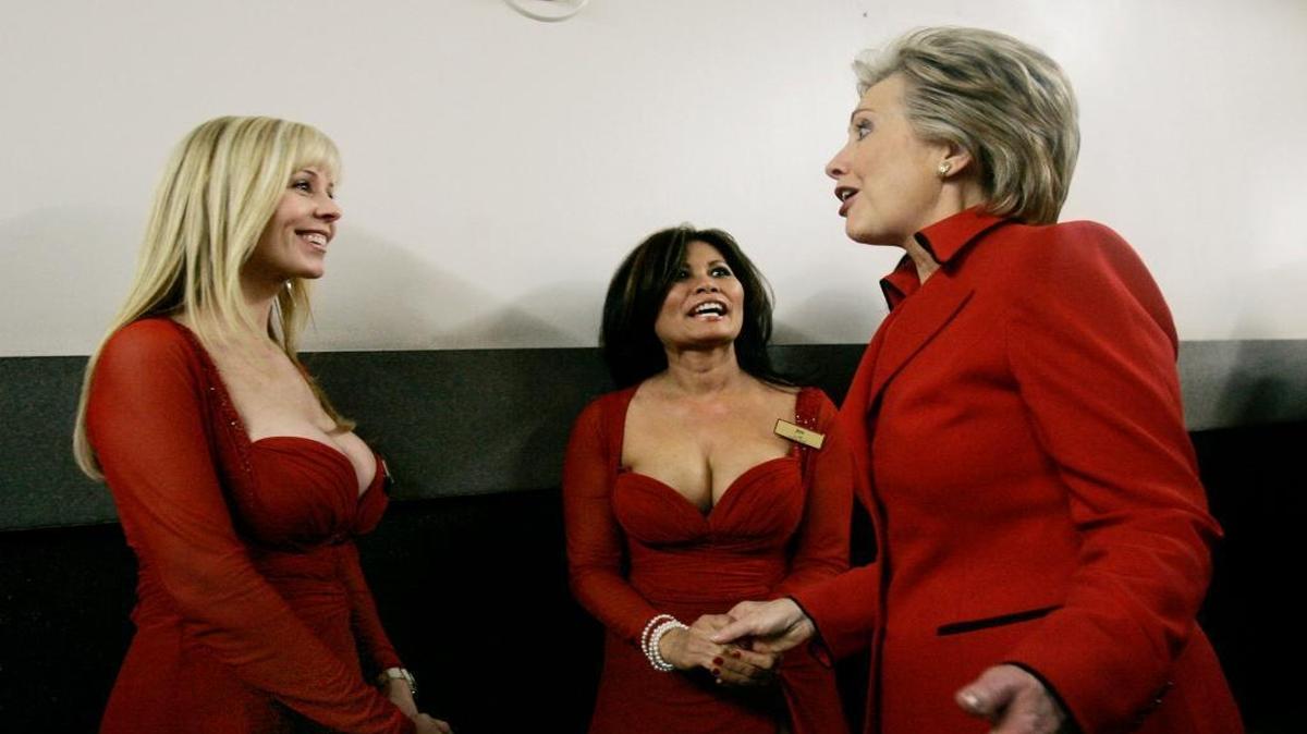 Democratic presidential hopeful Sen. Hillary Rodham Clinton, D-N.Y. greets cocktail waitresses during a campaign stop at the Mandalay Bay Hotel on caucus day in Las Vegas, Nev., Jan. 19, 2008.