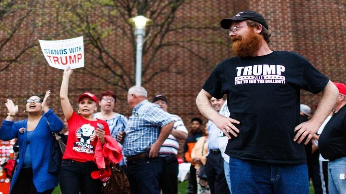Supporters of Republican presidential candidate Donald Trump in line for a rally Thursday in Harrisburg, Pennsylvania.