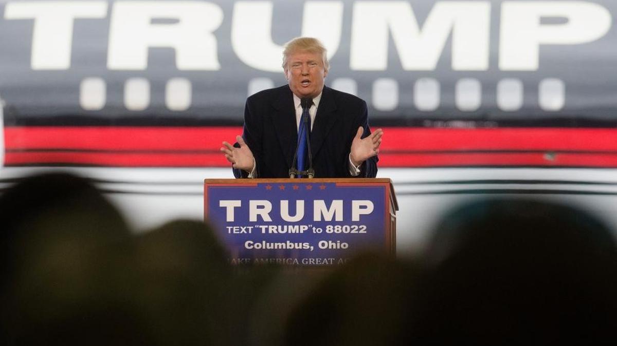 Republican presidential candidate Donald Trump speaks during a campaign stop at the Signature Flight Hangar at Port-Columbus International Airport, Tuesday, March 1, 2016, in Columbus, Ohio.