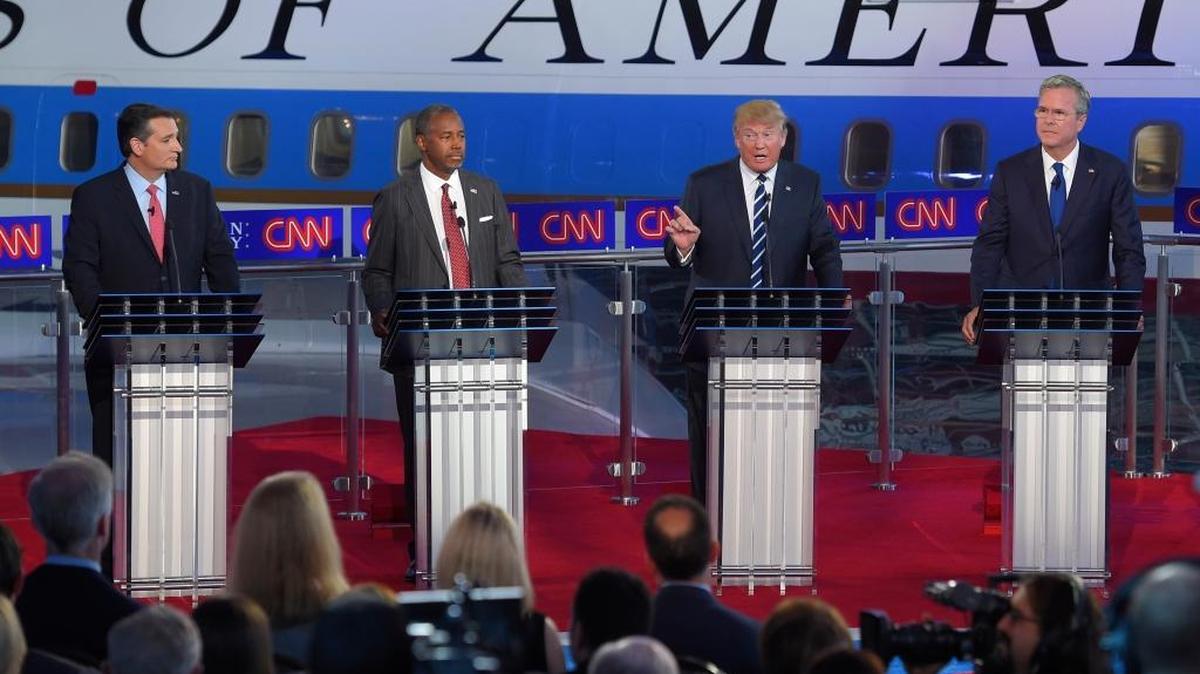 
Republican presidential candidates Ted Cruz, left, Ben Carson, second from left, Donald Trump, second from right, and Jeb Bush appear during the CNN Republican presidential debate at the Ronald Reagan Presidential Library and Museum on Wednesday, Sept. 16, 2015, in Simi Valley, Calif. 
