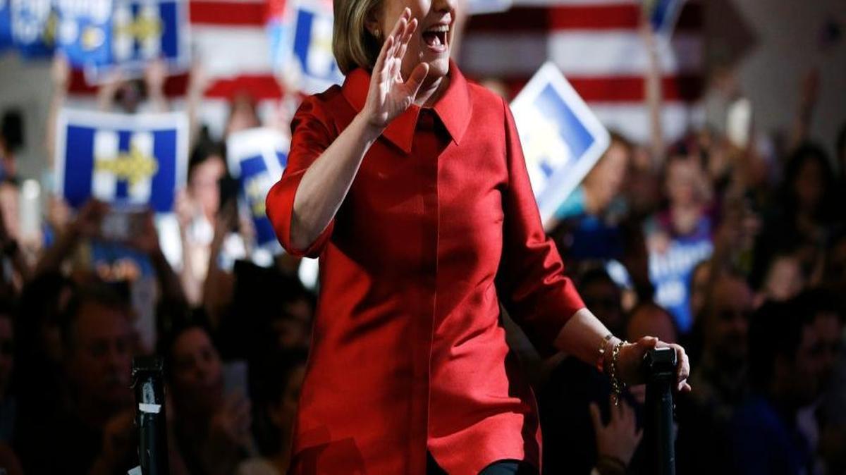 Democratic presidential candidate Hillary Clinton takes the stage during a Nevada Democratic caucus rally, Saturday, Feb. 20, 2016, in Las Vegas.