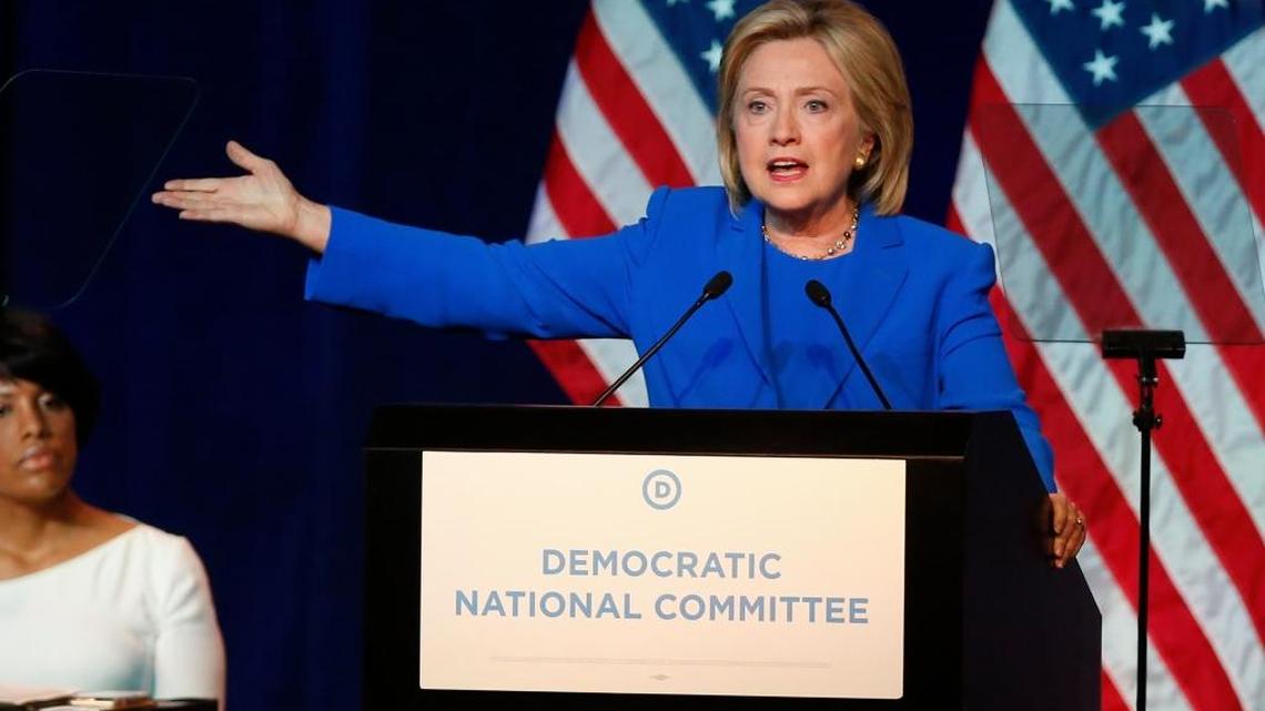 
Hillary Clinton addresses the summer meeting of the Democratic National Committee on Aug. 28, 2015, in Minneapolis. 
