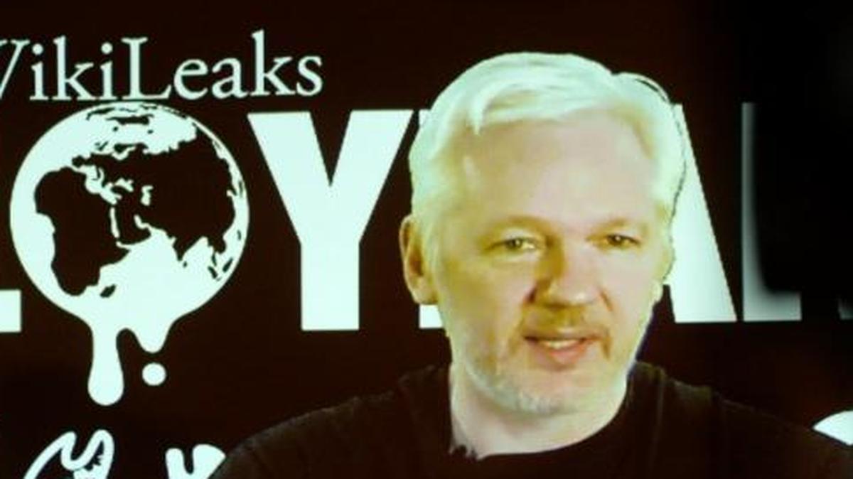 WikiLeaks founder Julian Assange speaks via video link, during WikiLeaks' 10th anniversary news conference on Oct. 4, 2016, in Berlin.