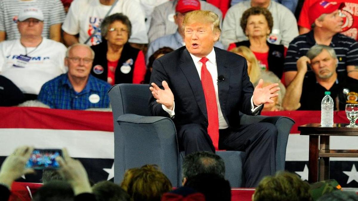 Republican presidential candidate Donald Trump speaks Saturday, Dec. 12, 2015, at the USCA Convocation Center, in Aiken, S.C.
