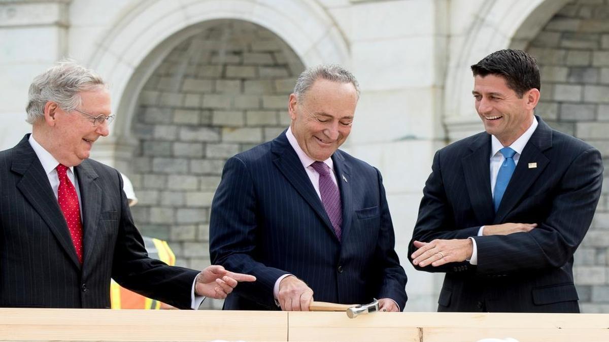Hammer or gavel? November’s election could take the Senate majority from Mitch McConnell and hand it over to Charles Schumer. Paul Ryan, right, has his own gavel in the House, at least for now.