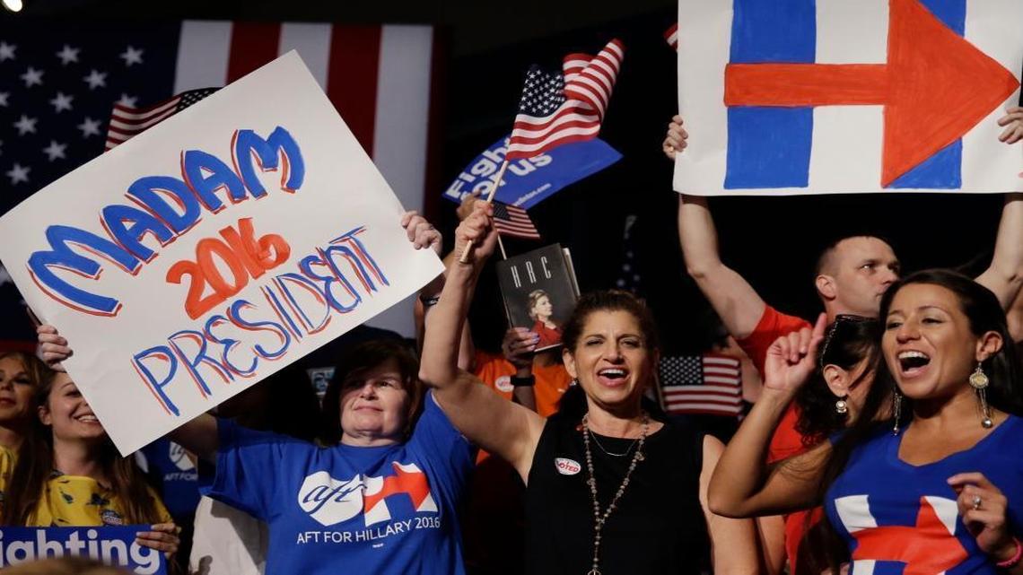 Supporters cheer for Democratic presidential candidate Hillary Clinton as results come in at the Palm Beach County Convention Center in West Palm Beach, Fla., Tuesday.