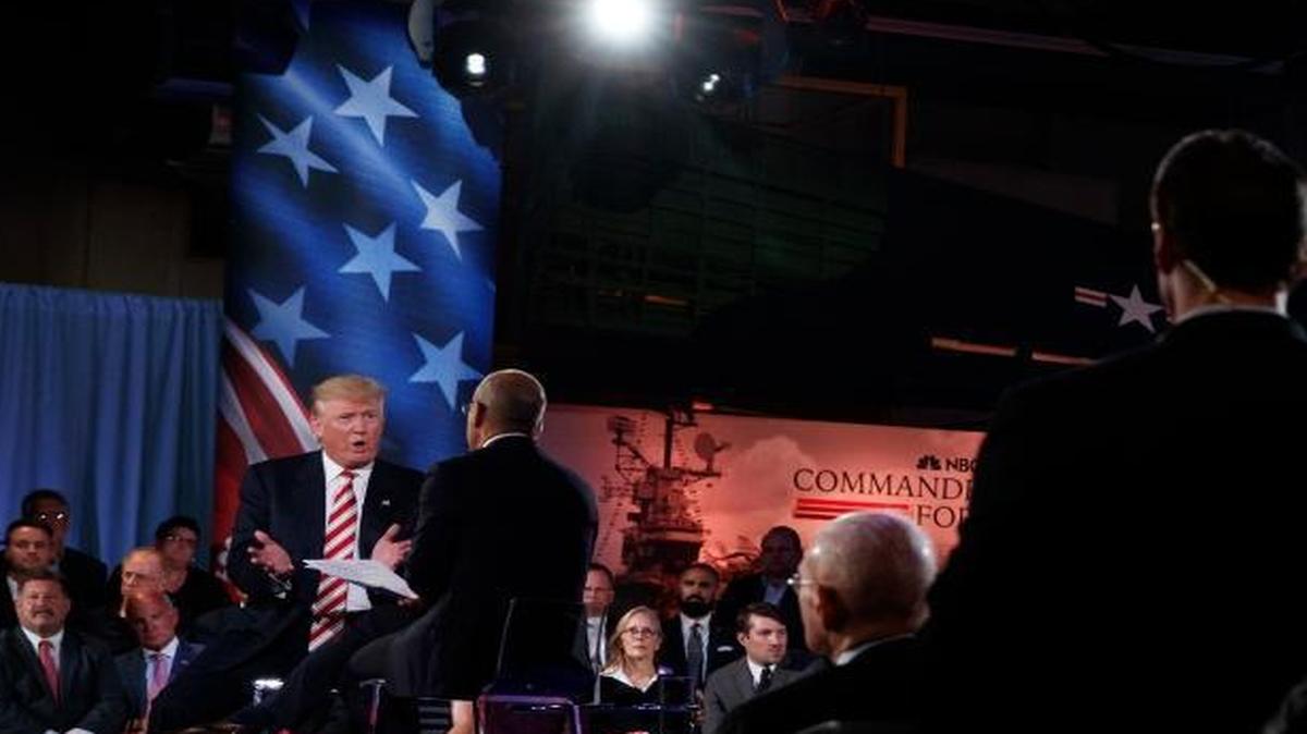 Republican presidential candidate Donald Trump speaks with “Today” show co-anchor Matt Lauer at the NBC Commander-In-Chief Forum at the Intrepid Sea, Air and Space museum aboard the decommissioned aircraft carrier Intrepid in New York on Wednesday, Sept. 7, 2016.