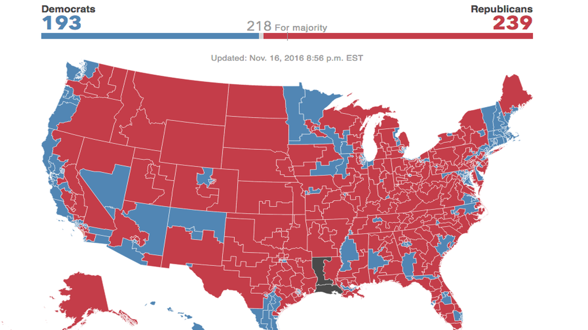 What the party breakdown in the House of Representatives will look like in 2017. Districts held by Republican are in red, those held by Democrats are in blue.