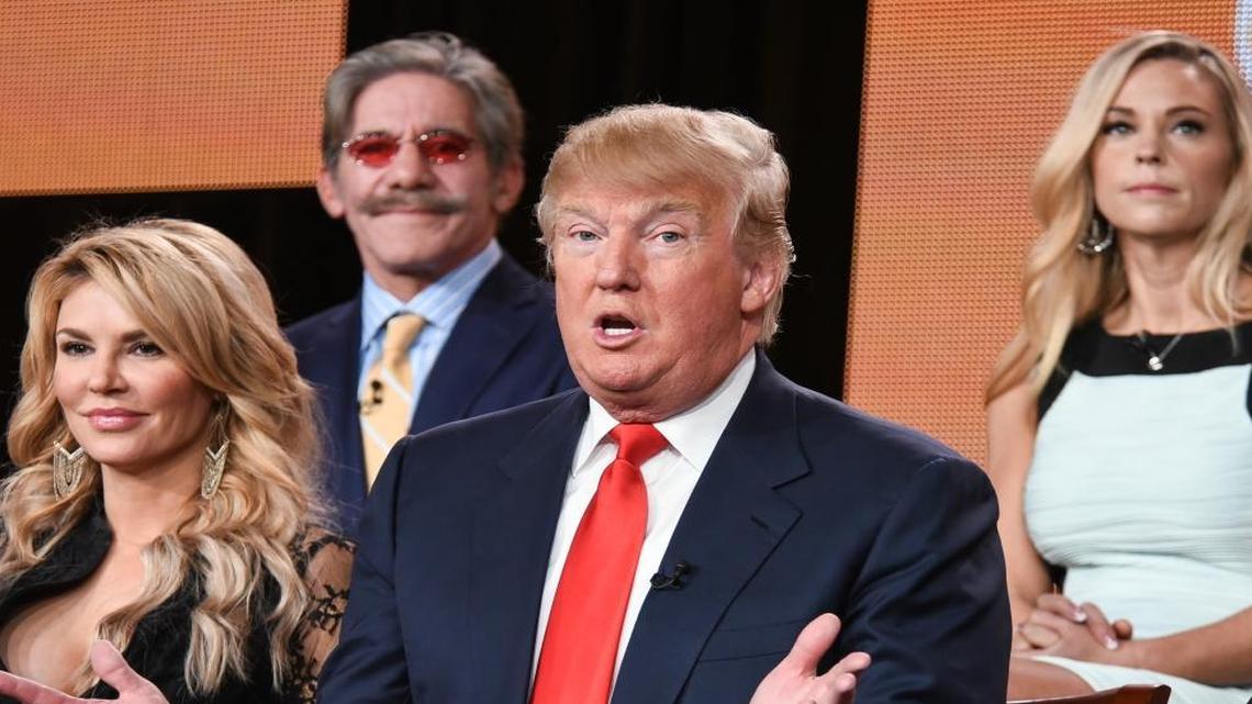Brandi Glanville, from left, Geraldo Rivera, Donald Trump and Kate Gosselin speak onstage during the "The Celebrity Apprentice" panel at the NBC 2015 Winter TCA on Jan. 16, 2015, in Pasadena, Calif.