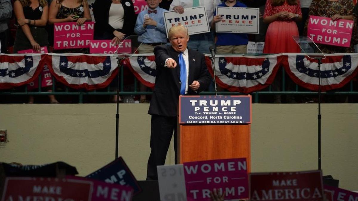 Republican presidential candidate Donald Trump speaks during a rally at the Cabarrus Arena and Events Center in Concord on Thursday. Trump cited FBI investigations into Clinton’s emails as well as new reports about a probe into the Clinton Foundation. Fox News reported this week that an indictment is “likely” involving accusations of pay-for-play.