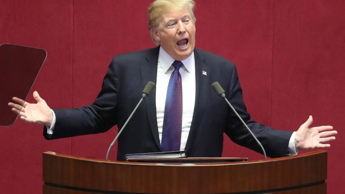 U.S. President Donald Trump delivers a speech at the National Assembly in Seoul, South Korea, Wednesday, Nov. 8, 2017. Some Republicans say GOP losses in Tuesday’s elections were a referendum on the president.