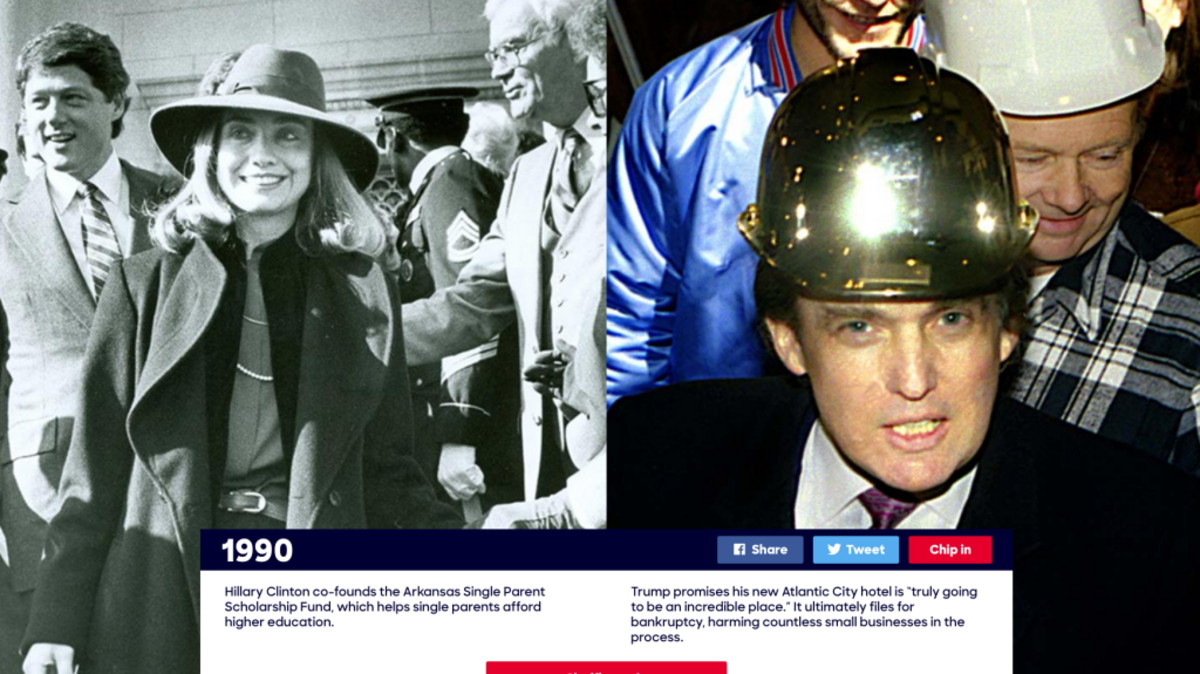 Hillary Clinton’s campaign website is posting year-by-year comparisons between her life and Republican nominee Donald Trump’s. This screen shot highlights 1990.