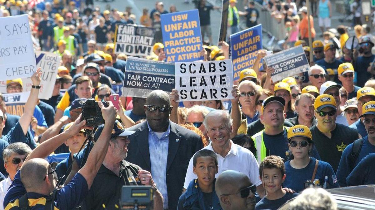 
Vice President Joe Biden marches with steelworkers in Pittsburgh's Labor Day parade. 
