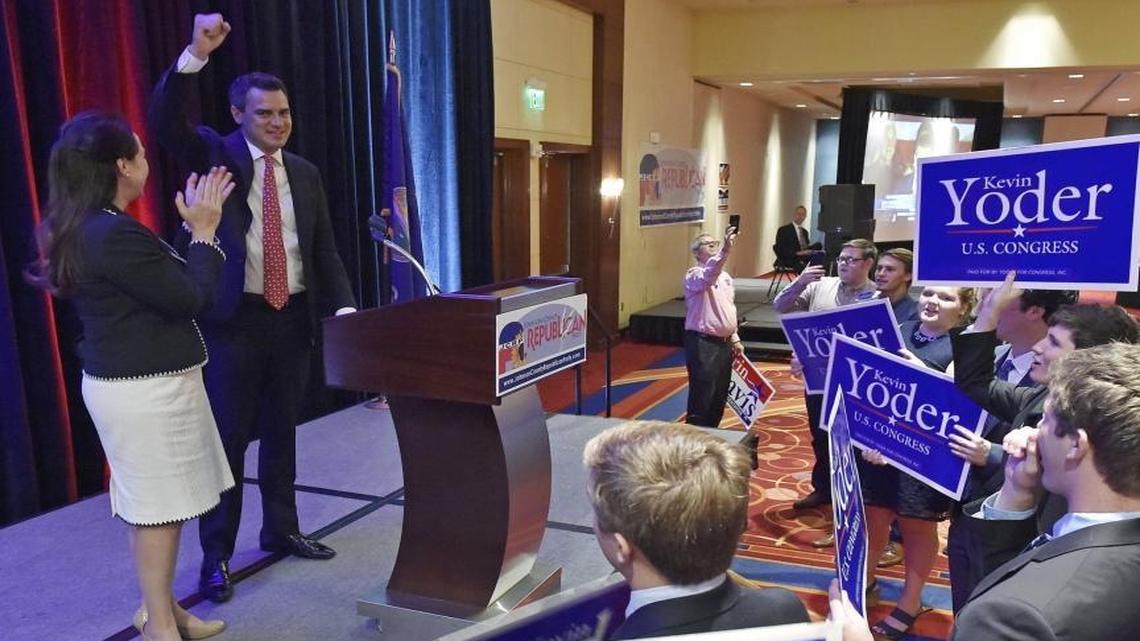 During a reception Tuesday night, Aug. 9, 2016, at the Overland Park, Kan., Marriott, Rep. Kevin Yoder celebrates his win in the primary election. Yoder represents Kansas’ 3rd Congressional District in the U.S. House of Representatives.